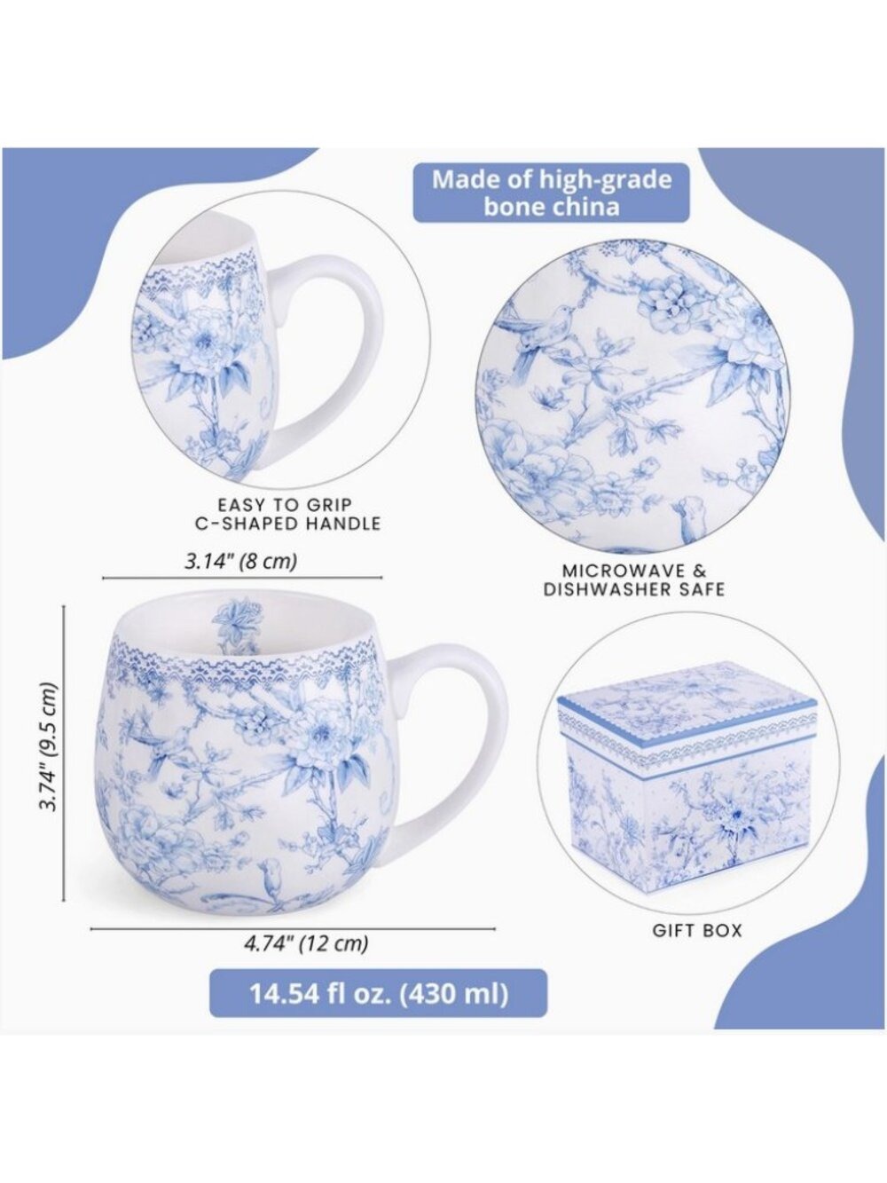 Blue Flowers Porcelain Big Belly Mug in Gift Box - Picture 3 of 5